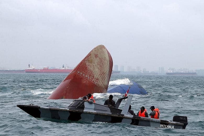 An Indonesian team continuing its search yesterday for six crew members missing from a freighter that sank after a collision in the Singapore Strait on Wednesday night. Thorco Cloud, bearing the Antigua and Barbuda flag, collided with Cayman Islands-