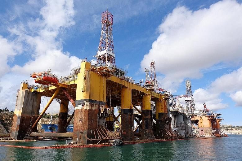 Oil and gas rigs owned by Transocean Ltd sitting idle in the Grand Harbour in Valletta, Malta. Transocean's Discoverer Americas oil rig is facing the same fate as its lease has been cancelled because there is not enough work for it.