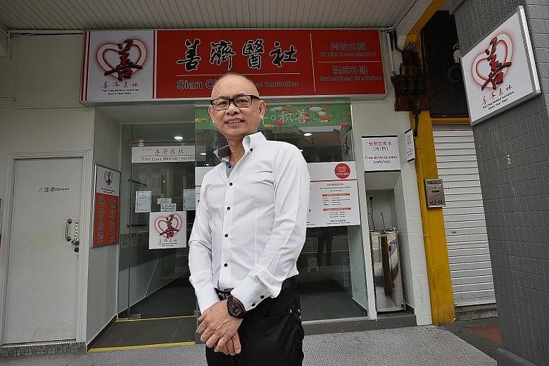Mr Toh Soon Huat outside the Sian Chay Medical Institution clinic in Geylang Road for treatment of depression and insomnia cases, which will be opened officially next month. He hopes to have 20 clinics by 2018 to cover most of the heartland. Sian Cha