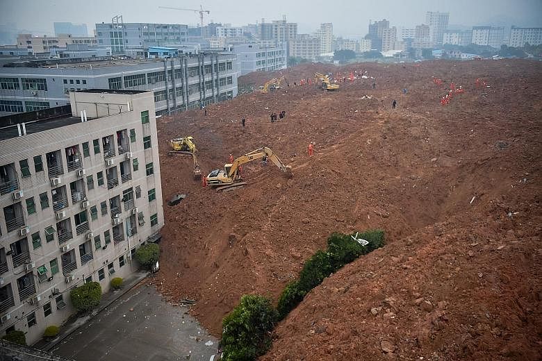 Two workers' dormitories were among the 22 buildings engulfed and toppled over yesterday morning by a rush of mud and earth at Liuxi Industrial Park in Guangming New District. Hundreds fled to safety as factories and buildings got buried under earth.