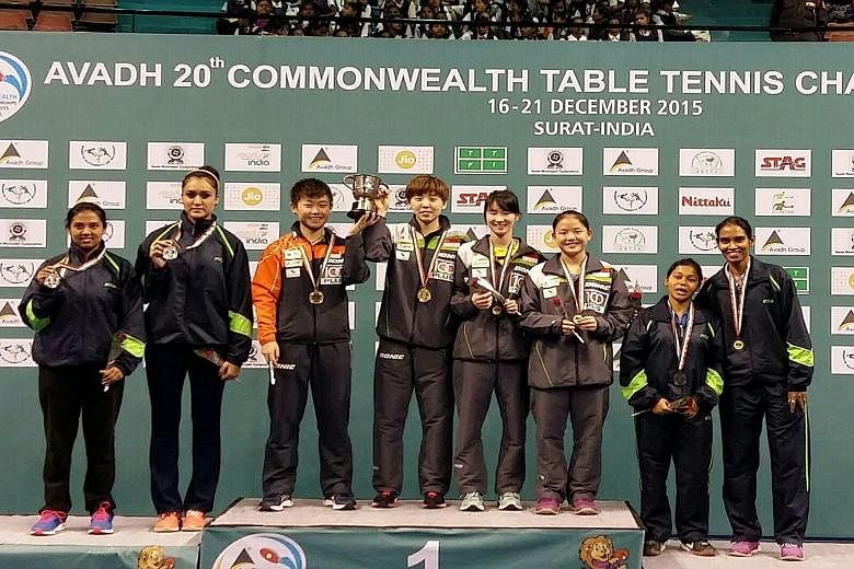 Singapore's women paddlers (from left to right): Lin Ye, Zhou Yihan, Yee Herng Hwee and Pearlyn Koh. Singapore (including the men's team), won 4 golds and 4 bronzes at the Commonwealth Table Tennis Championships.