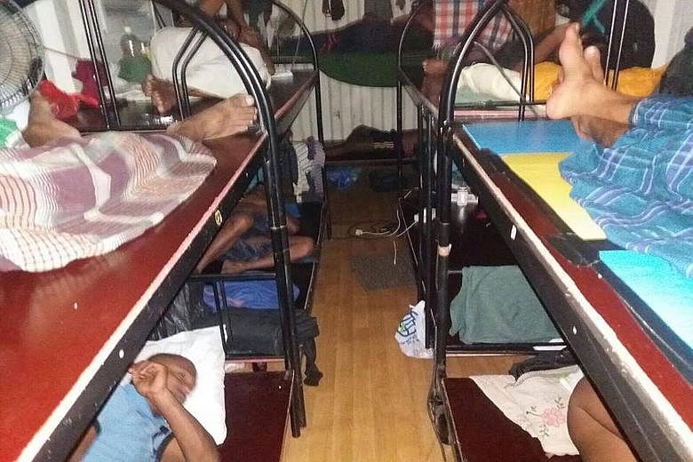 The workers, of various nationalities and working mostly in construction, slept on bunk beds in conditions described by the Migrant Workers Centre (MWC) on its Facebook page as "cramped and dirty". MWC found only four showers and one toilet on the si