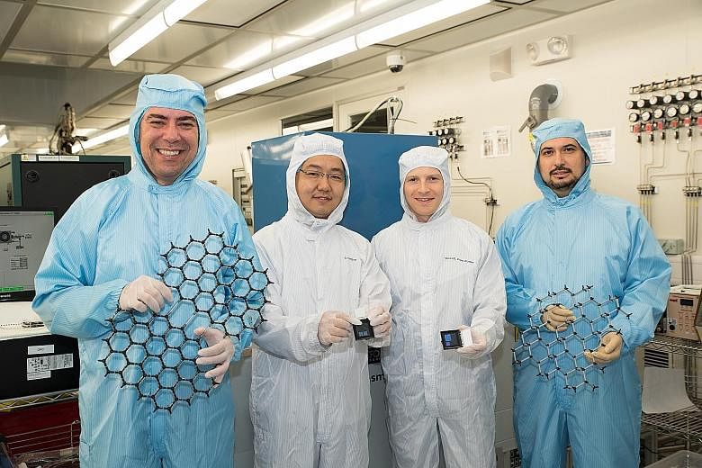The breakthrough could improve the performance of electrical devices. Among the research team are (from left) Prof Castro Neto, Dr Li Linjun, Dr Eoin O'Farrell and Prof Barbaros Ozyilmaz.