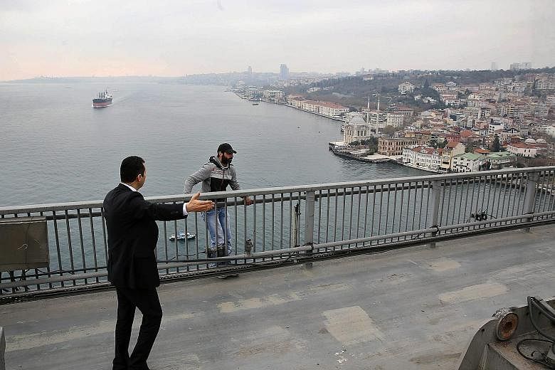 (Clockwise from top left) A presidential bodyguard talking to a man preparing to jump off the Bosphorus Bridge in Istanbul on Friday; bodyguards escorting the dazed man to the President; and Mr Erdogan hearing the sobbing man's woes and making calls 