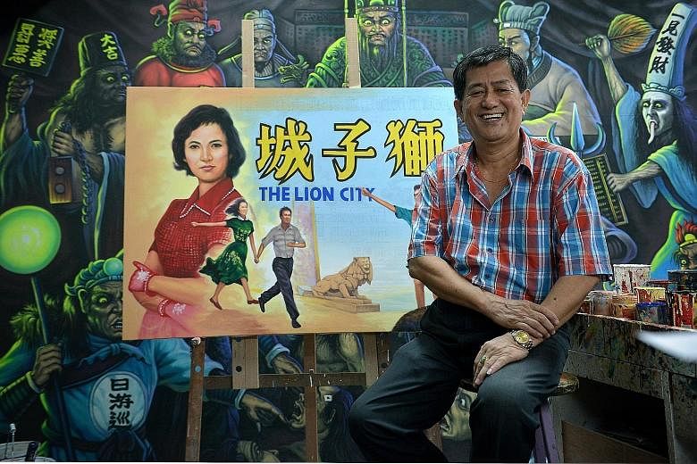 This year, Mr Ang Hao Sai (above) painted posters of 1960s movies that were displayed at Capitol Theatre. (Right) Mr Ang with his sketches in the 1960s.