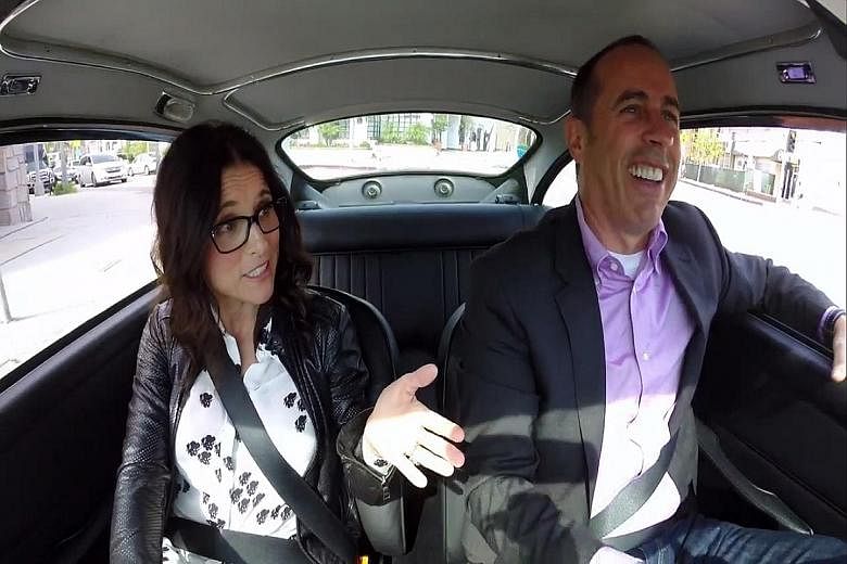 Jerry Seinfeld with guest Julia Louis-Dreyfus (both above) in his Web series, while Amy Schumer's recycled jokes still land punches.