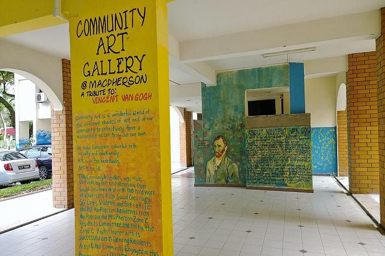 This "void deck art gallery" ln Pipit Road, MacPherson, features reproductions of Vincent van Gogh's artworks. The project helped to curb vandalism and littering in the area, and earned a Special Community Project Award for the MacPherson Zone C Resi