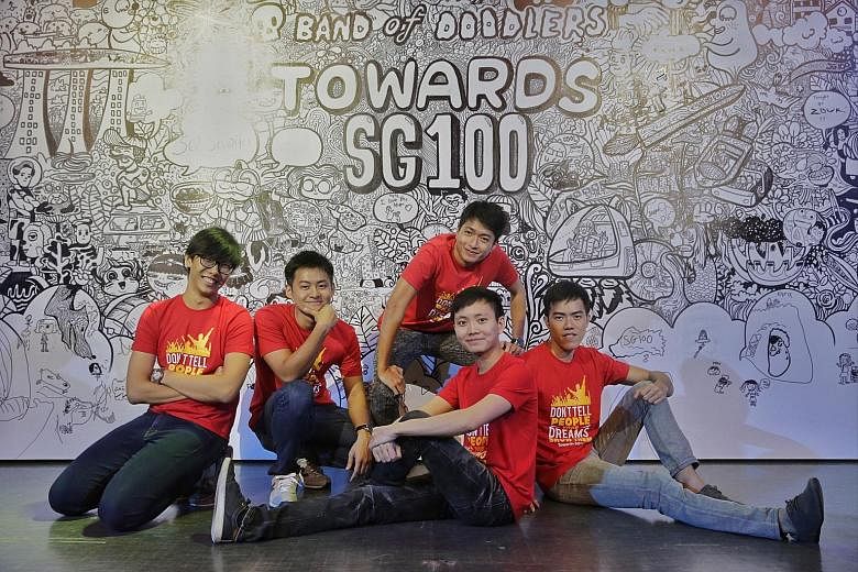 SG100 Foundation committee members (from left) Fu Kah Deng, 18; Chong Soon Seng, 23; Sean Lim Shao Hern (standing), 22; Vernon Yim, 22, who came up with the idea; and Larry Lim Wee Kiat, 23, at its carnival in Downtown East yesterday.