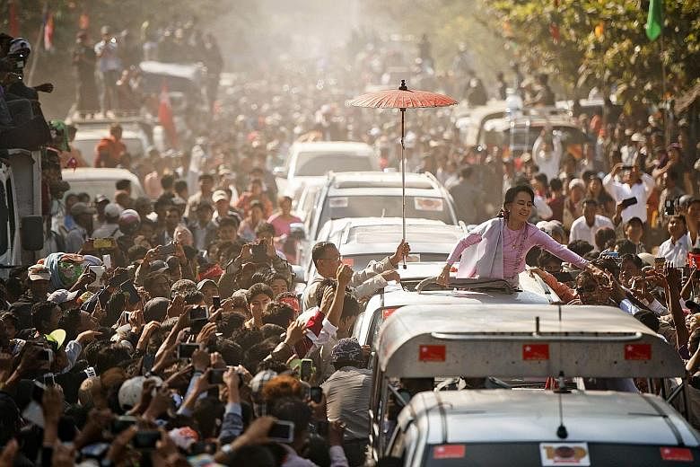 In Myanmar, two key issues - civil-military relations under a National League for Democracy government headed by Ms Aung San Suu Kyi (above), and peace talks with armed ethnic minority groups - and the way they are managed will be crucial to the coun