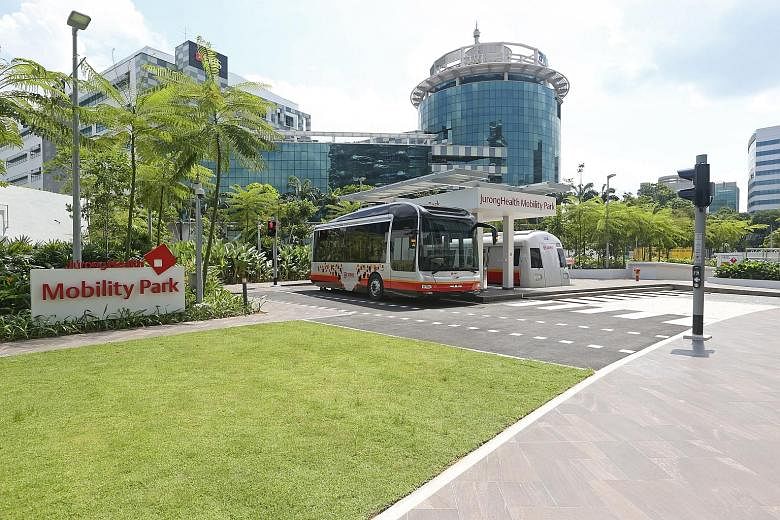 The 953 sq m Mobility Park, situated within Ng Teng Fong General Hospital and Jurong Community Hospital, has a mock-up landscape of walkways, traffic crossing and life-size replicas of a bus, taxi and MRT train cabin to help those with difficulty wal