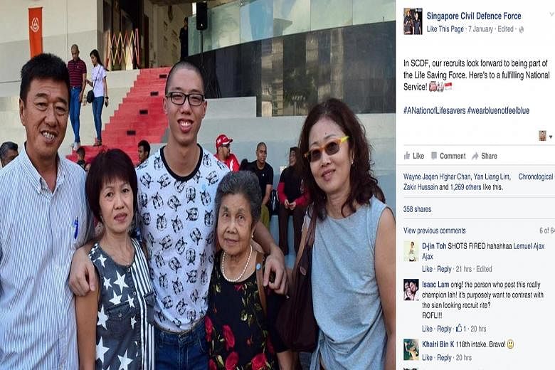 In response to a Singapore Army Facebook post that showed a stony-faced recruit with his family, the SCDF posted a photo of another recruit (above) and his family smiling happily. Facebook user Stephen Roseman says his satirical post, which features 