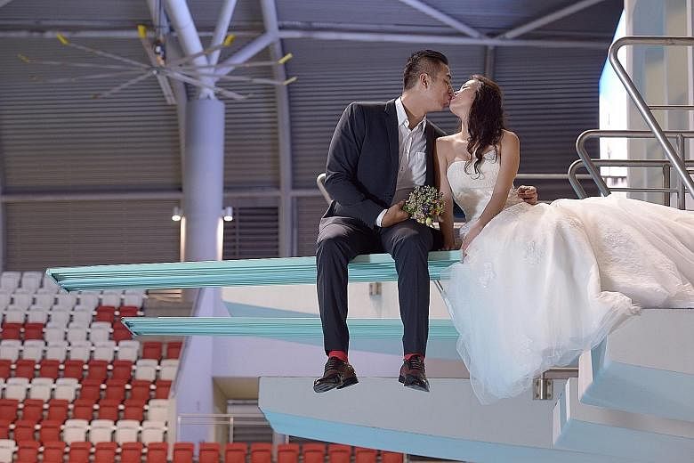 National water polo captain, Eugene Teo, 28, a marketing manager, tied the knot with Vanessa Poh, 26, a financial consultant, yesterday. The couple had their wedding pictures taken at the scene of Singapore's SEA Games triumph - the OCBC Aquatic Cent