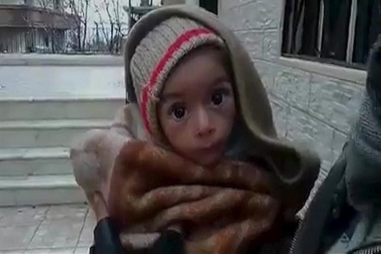 (Top) A malnourished toddler in the town of Madaya, where dozens of people have died from hunger-related causes. (Left) A Sunni man donating money for the people of Madaya as he leaves a mosque in the southern Lebanese port city of Sidon this week.
