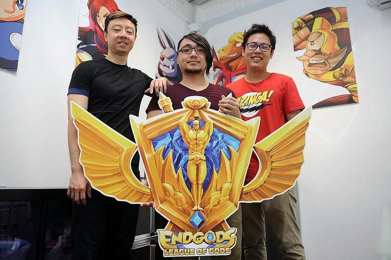 Following the success of his F&B venture, Mr Lee (from left) started mobile game studio SparkJumpers with Mr Prabowo and Mr Tan. The company has just launched a competition for its game, EndGods, called League of Gods, with a $100,000 prize pool.