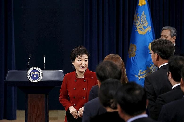 President Park Geun Hye with journalists yesterday. She described North Korea's nuclear test as "a serious threat".