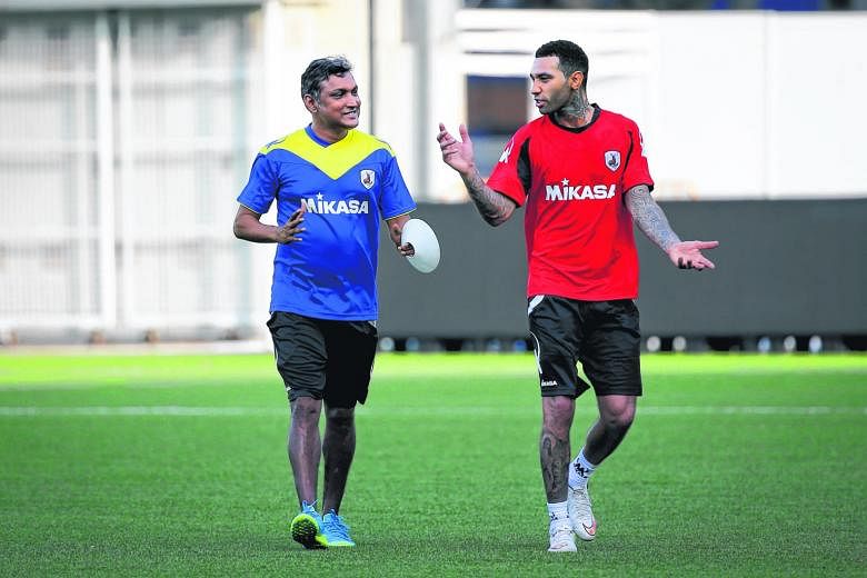 Tampines Rovers coach V. Sundramoorthy (left) says former EPL player Jermaine Pennant gets along easily with others in the team, is an attacking player who can create and score goals, and is someone whom others can look up to.