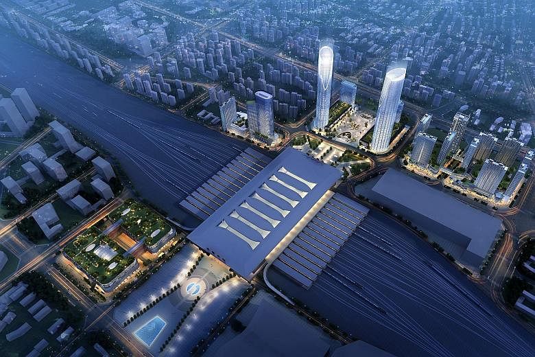 The eldercare and retirement home, which will be part of an integrated development (left) adjacent to the Chengdu East High Speed Railway station, is projected to open next year.