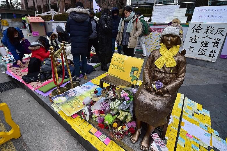 The agreement between South Korea and Japan on wartime sex slaves sparked a sit-in protest by South Korean students around the statue of a teenage girl symbolising the comfort women outside the Japanese Embassy in Seoul. South Korea says it will "str