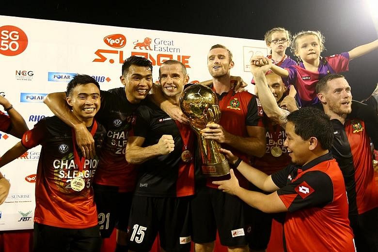 S-League champions DPMM with the trophy after winning the title on the very last day of the season. This year, the nine teams will meet each other thrice in the 24-round league, which will end on Oct 28.