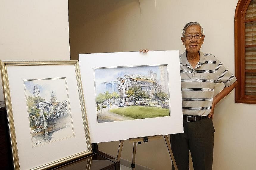 Singaporean artist Tan Gay Beng and his work titled Tokyo and his father Tan Leong Kheng (above) with his watercolour work.