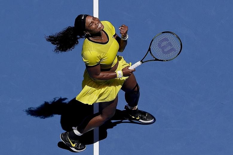 Serena Williams celebrates a point in her 6-4, 7-5 win over Camila Giorgi of Italy, for which she gave a herself an "A" for effort. The world No. 1 was composed but not her usual clinical self during the draining workout, her first competitive match 