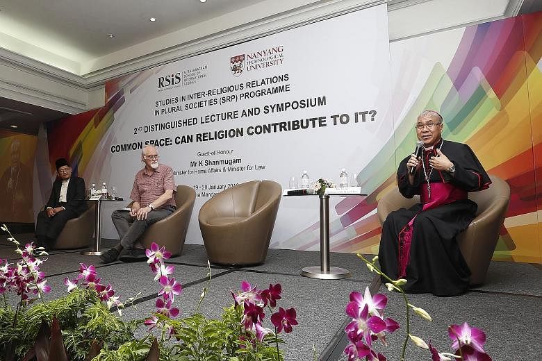 (From left) Mufti Mohamed Fatris Bakaram, Professor Julius Lipner, visiting fellow at the S. Rajaratnam School of International Studies, and Catholic Archbishop William Goh. The archbishop suggested that secular schools teach their students about all