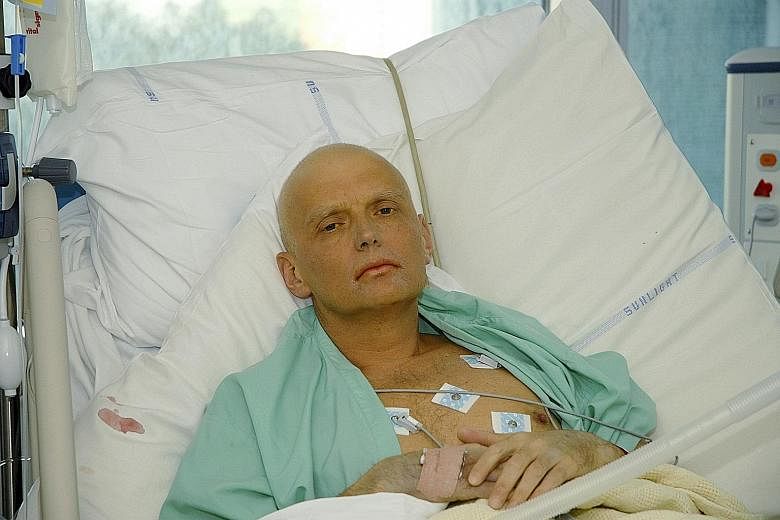 Mr Alexander Litvinenko in a London hospital in November 2006, dying of radiation poisoning. In a statement before his death, the former KGB agent accused Russian President Vladimir Putin of ordering his killing.