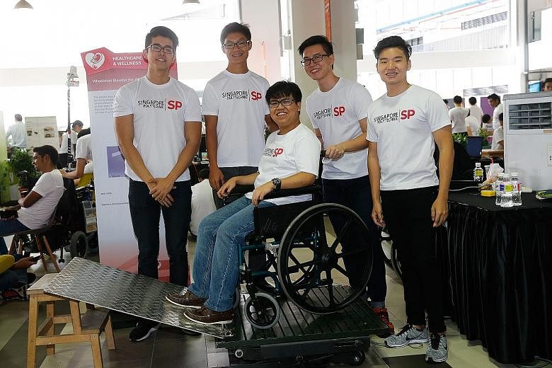 The team, comprising (from left) Tan Jun Ren, Roy Tan Jia Jing, Dylan Conceicao, Lim Lu Xin and Clarence Theng, took eight months to develop the wheelchair elevator.