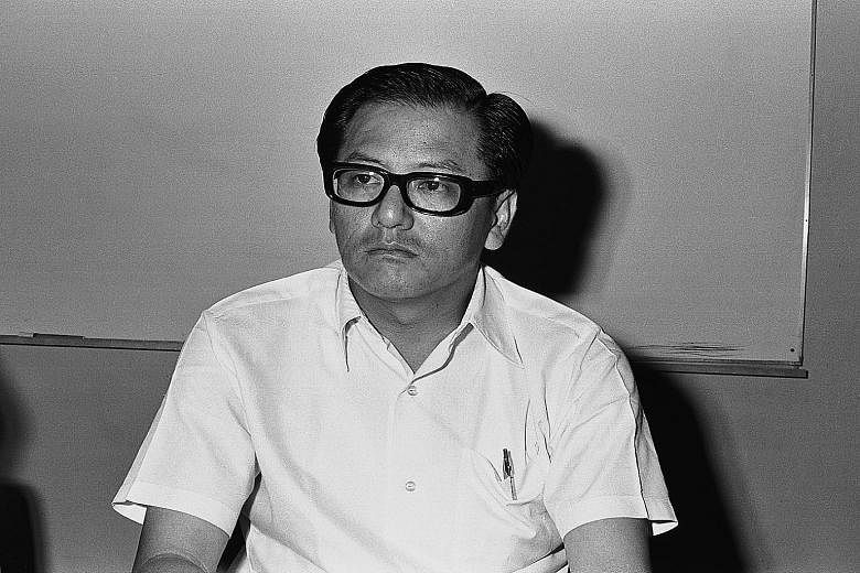 (Right) The first public photo of Phey since he went on the run in 1979, and (left) Phey in a 1973 photo at a meeting with the press on the opening of Singapore's first cooperative supermarket.