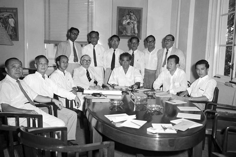 British Constitutional Law expert Ivor Jennings (seated in centre, with spectacles) in Singapore in 1956 with members of the legislative assembly then, including (seated, from far right) PAP assemblymen Lim Chin Siong and Mr Lee, and then Chief Minister D