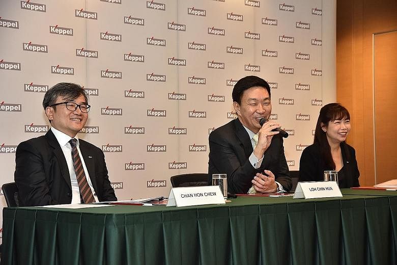 KepCorp's CEO Loh Chin Hua telling the press yesterday about the proposed consolidation of four businesses. He is flanked by the group's chief financial officer Chan Hon Chew and Ms Christina Tan, the CEO-designate of the new Keppel Capital.