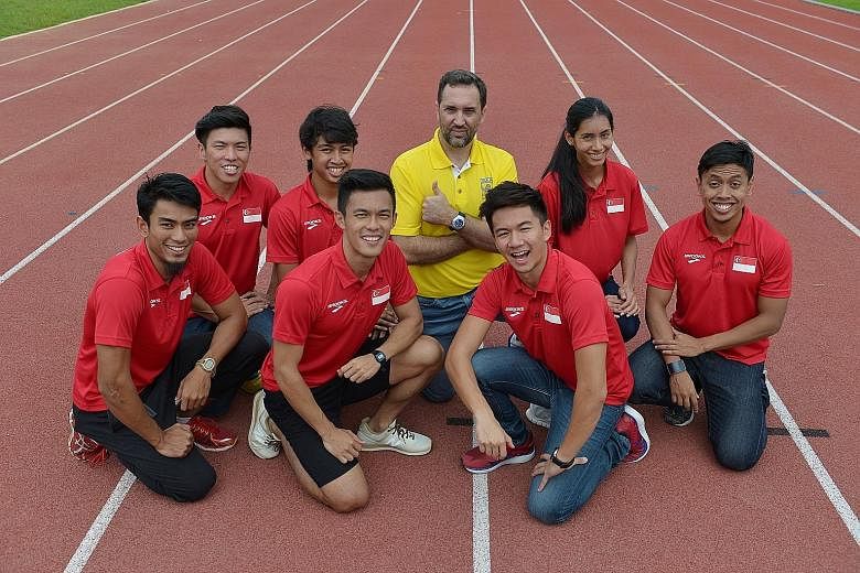 Singapore's 4x100m relay team (from left) Amirudin Jamal, Lee Cheng Wei, Gary Yeo and Calvin Kang after winning silver at the SEA Games last year. Three of them have since retired with only Kang remaining, but he has yet to train with potential new t