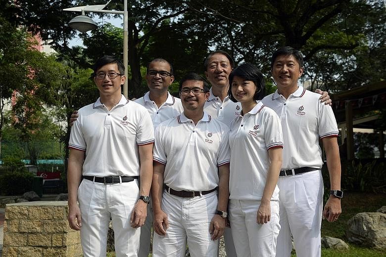 Pasir Ris-Punggol GRC MPs (from left) Teo Ser Luck, Janil Puthucheary, Zainal Sapari, Teo Chee Hean, Sun Xueling and Ng Chee Meng. The size of GRCs, on average, has dipped from five in 2011 to 4.75 in last year's polls. PM Lee said yesterday the aver