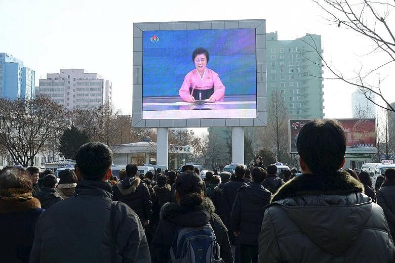 A huge screen in Pyongyang showing the broadcast of the government's announcementon Jan 6 that it had successfully tested a miniaturised hydrogen nuclear bomb.