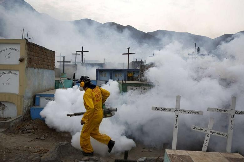 A health worker carries out fumigation in the outskirts of Lima, Peru.