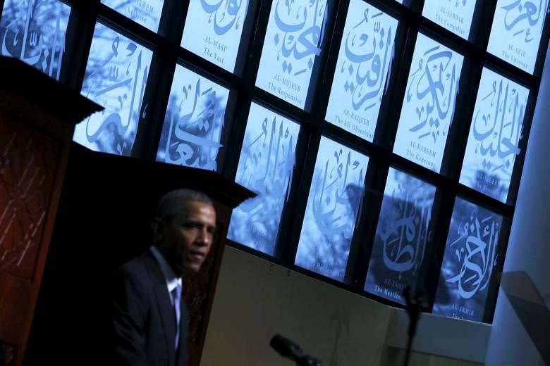 US President Barack Obama speaks at the Maryland mosque on Wednesday.