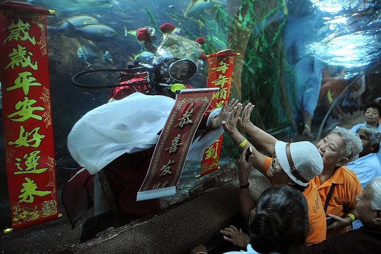 Thirty-eight elders from Sarah Seniors Activity Centre, aged 69 to 96, gathered at Underwater World Singapore yesterday morning to touch palms with an underwater "God of Fortune" in scuba gear for good luck. The seniors were also presented with manda