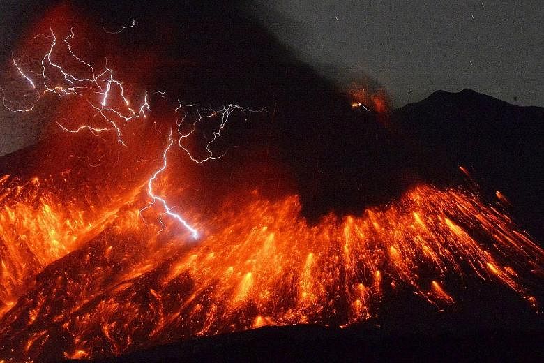 Volcanic lightning observed from Tarumizu city in Kagoshima prefecture in south-western Japan as Mount Sakurajima erupted yesterday with a fiery blast that sent fountains of lava into the night sky. The Japan Meteorological Agency said the volcano, w