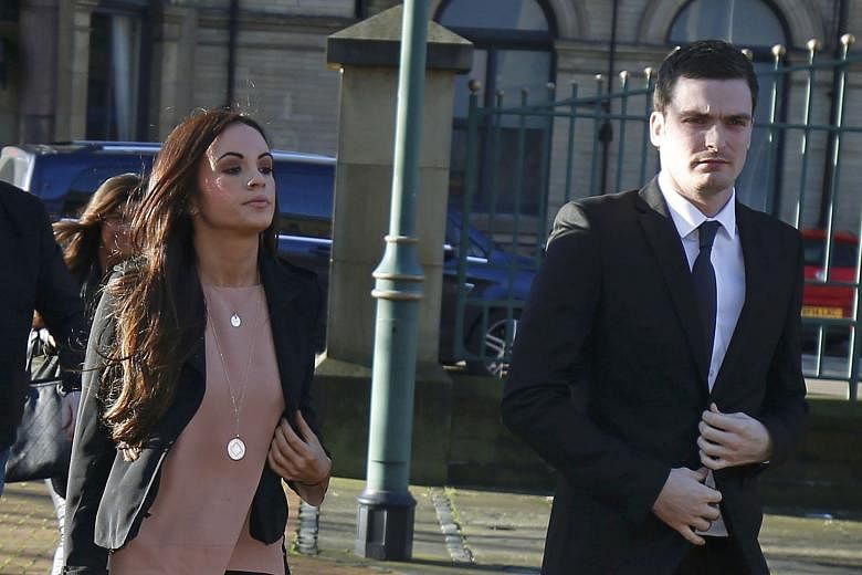 Sunderland winger Adam Johnson arrives with his girlfriend Stacey Flounders at Bradford Crown Court yesterday. He is charged with four offences concerning sex with an underaged girl. 