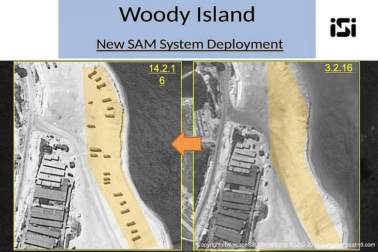 Satellite images from ImageSat International showing Woody Island with what are reportedly two batteries of missile launchers (left), and before the deployment (right). A US official said the missiles, which arrived on the island in the past week, ap