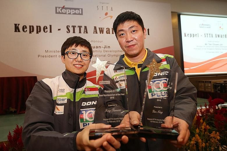Feng Tianwei and Gao Ning at the Singapore Table Tennis Association's annual awards night held at the Civil Service Club.