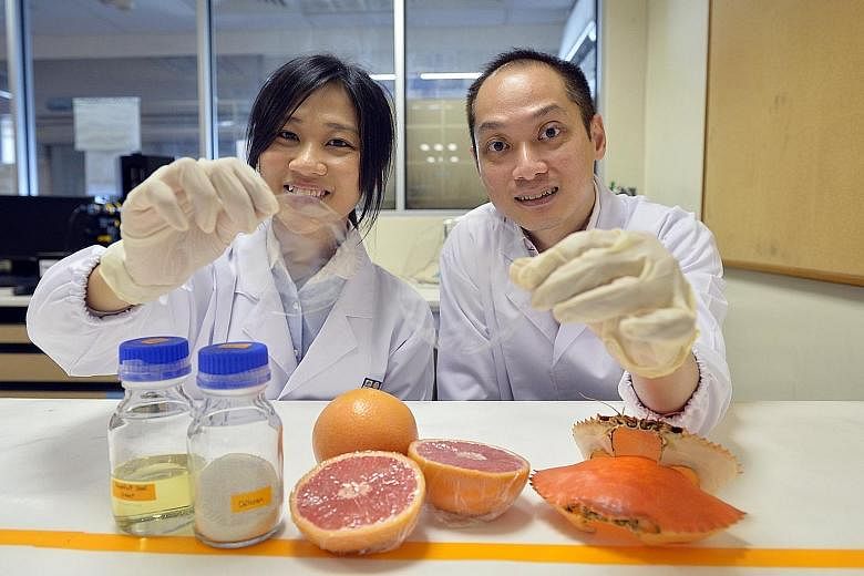 PhD student Tan Yi Min (left) and Associate Professor Thian Eng San with the result of their research - an environmentally-friendly packaging material formed by combining a grapefruit seed extract and chitosan - a biodegradable polymer derived from c