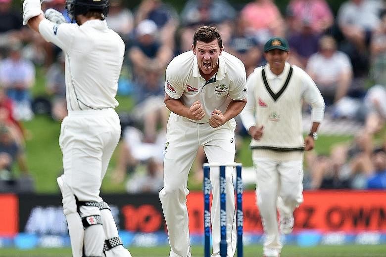 Australia's Josh Hazlewood celebrating what he thought was the removal of New Zealand batsman Kane Williamson. After the appeal was turned down, the fast bowler swore at the umpires.
