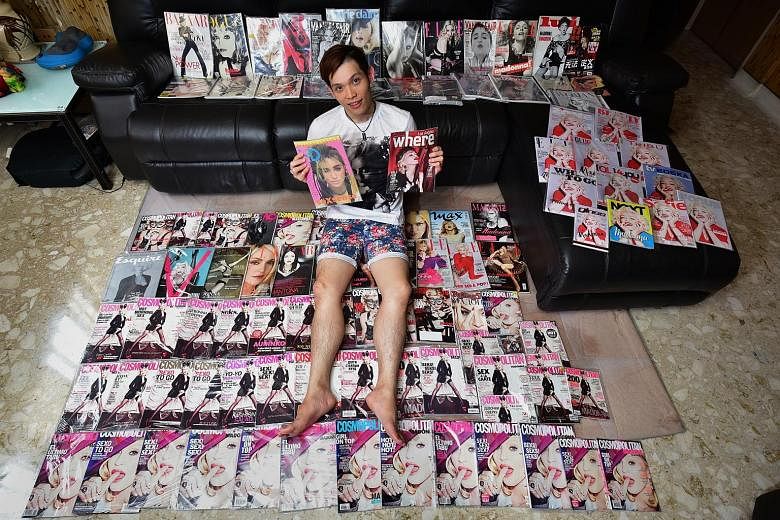 Customer service officer Abdul Rahman Selamat says listening to Madonna helps him to relieve stress. Food services executive Panda Tan (right) and his magazine collection of more than 2,000 copies. He tries to get every international cover of every p