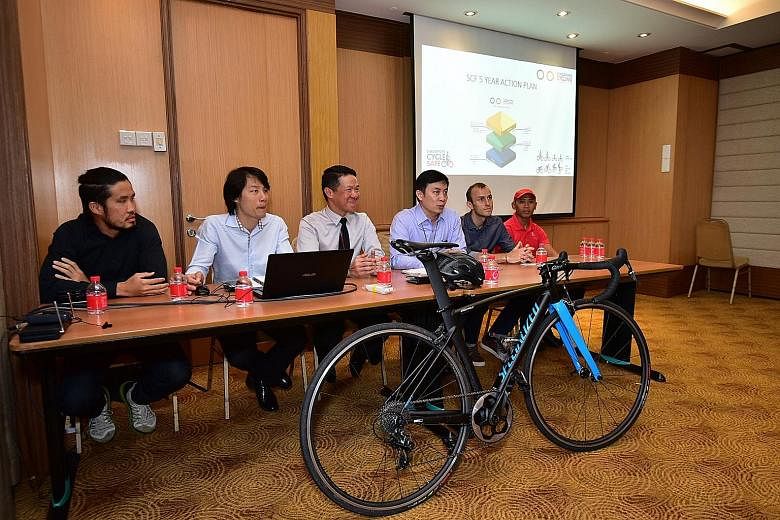 (From left) Adrian Ng, head coach; Samuel Yang, sport & technical manager; Hing Siong Chen, honorary secretary; Jeffrey Goh, president; Bastian Dohling, vice-president (road); and Muhammad Hairul Nazwa, vice-president (BMX). The SCF introduced a new 