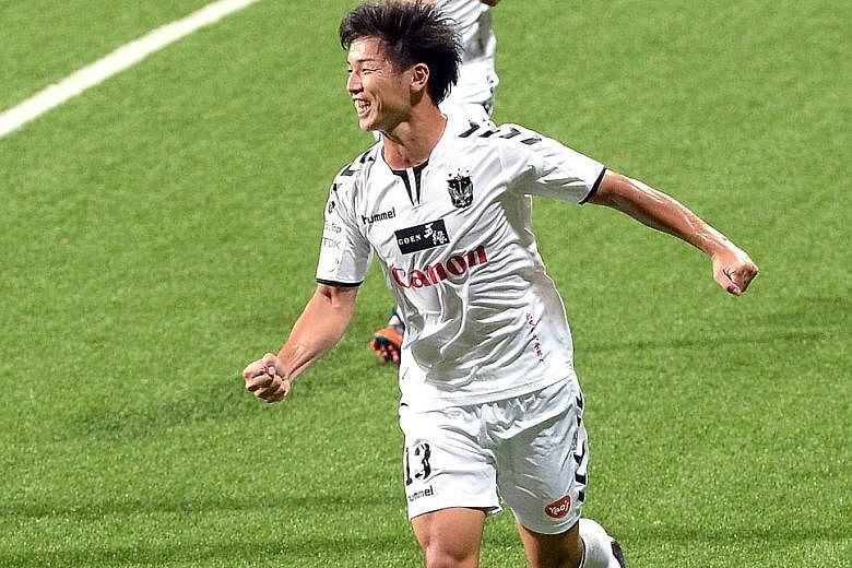 Albirex striker Atsushi Kawata (foreground) made an early claim for the S-League Golden Boot award with four goals in their 5-0 win over the Garena Young Lions last Sunday. After a League Cup and Singapore Cup double last season, they are aiming for 