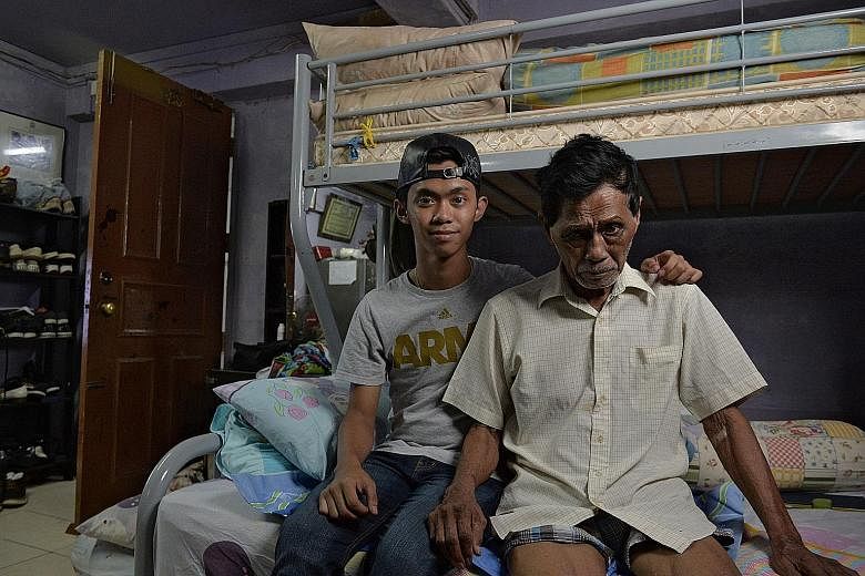 Mr Leck Wee Nee (right) is unable to work because of health issues, and food stall assistant Ong Leong Hock (centre right) has to support his wife, three children and elderly parents. Rag-and-bone man Lee Pang Kiab (above) makes his rounds on his own
