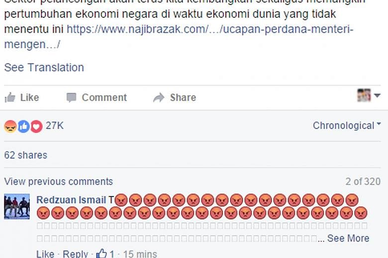 A screengrab of Mr Najib's Facebook page shows a netizen using the "angry" emoticon to show his unhappiness with the Malaysian leader.