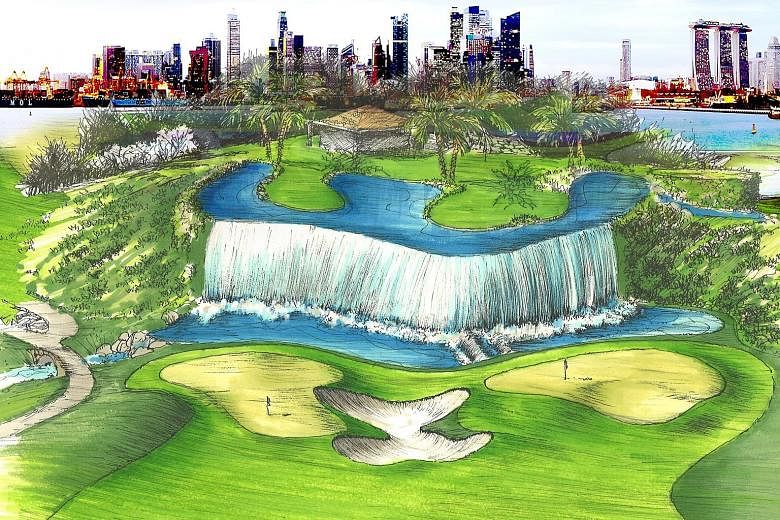 An artist's early impression of the New Tanjong Course's sixth tee which includes a 20m-high waterfall.