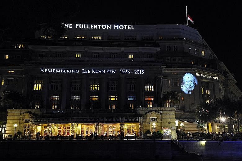 A tribute to the late founding Prime Minister Lee Kuan Yew at The Fullerton Hotel on March 27 last year. Among the activities planned to commemorate his legacy this month are a tree-planting exercise at Jurong Lake Park, in recognition of Mr Lee's ca